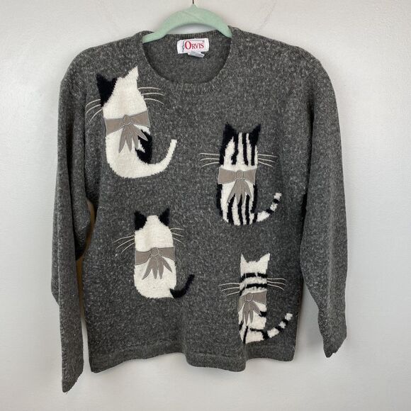 Orvis‎ Sweater Womens Medium Wool Blend Cat Bow Knit Pullover Cozy Vintage Style - Picture 1 of 8